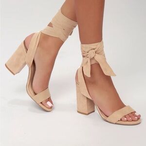 Lulus Alta Light Nude Suede Lace-Up Heels
